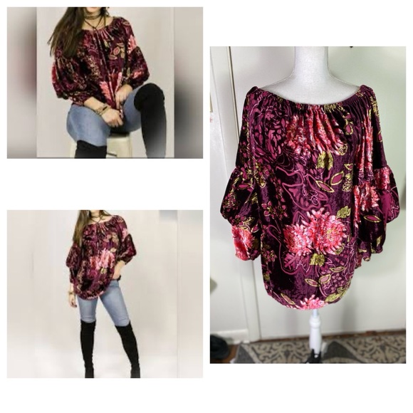 AVANI del amour women Sz L burnout velvet Floral boat neck purple multicolor top - Picture 1 of 9